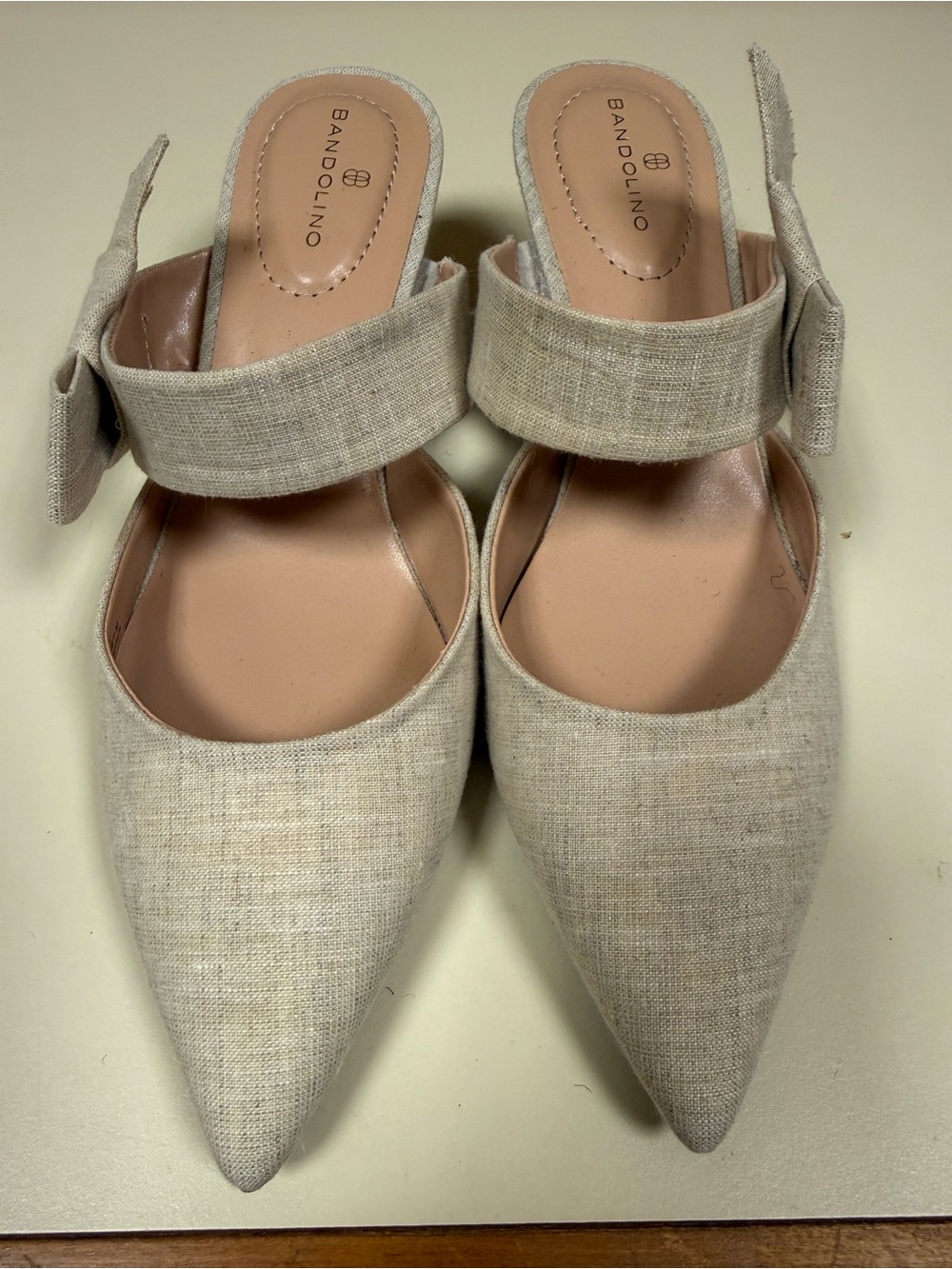 Bandolino Cream Pointed-Toe Linen-Style Mules with Bow Strap